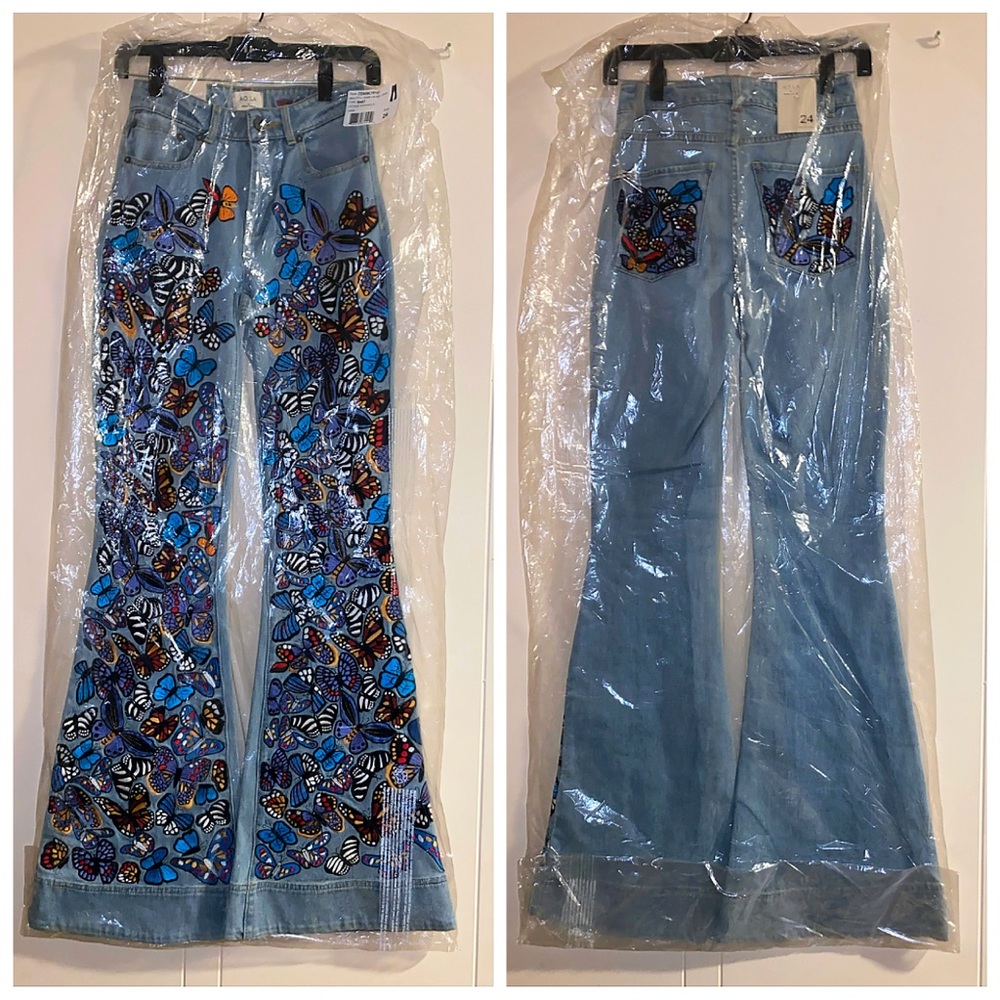 Alice + Olivia Beautiful Embroidered Butterfly Bell Jeans Pant - Picture 5 of 16